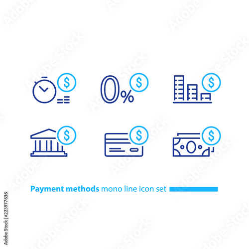 Buy in credit concept, payment installment plan, zero fee offer, line icons