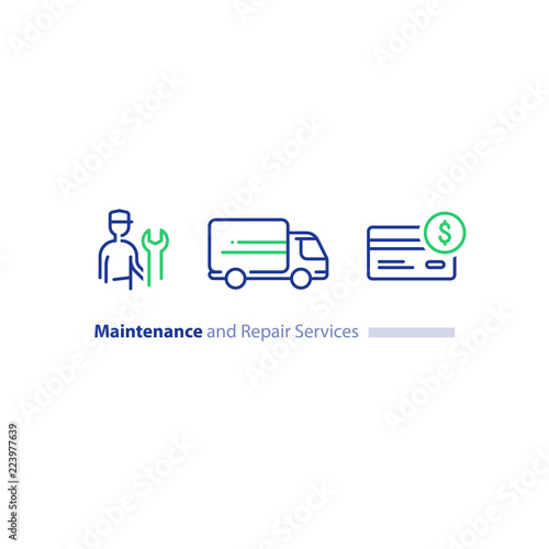 Technician with spanner, customer support, repairmen maintenance, truck delivery, credit card purchase icon set