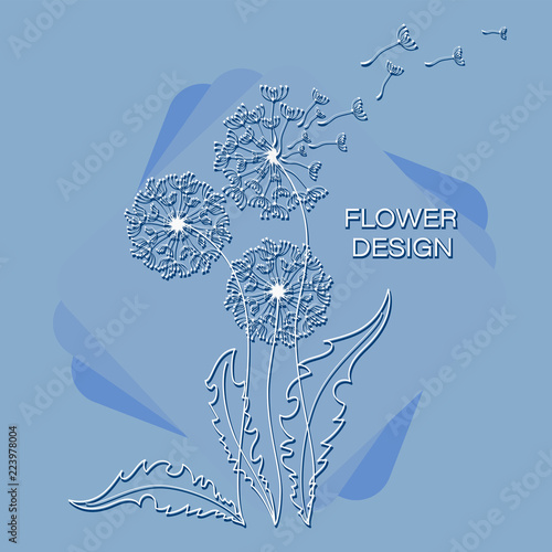 Fototapeta Naklejka Na Ścianę i Meble -  Delicate and elegant dandelions. Flight in the wind. Floral design. Banner, poster, postcard with silhouettes of dandelions on a blue background. Flying parachutes of a dandelion.