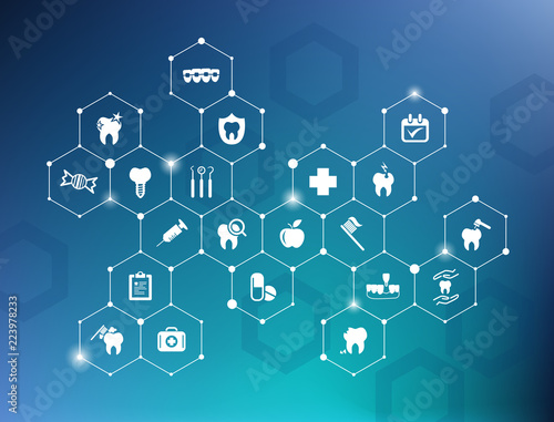 dental care / dentistry / oral hygiene / dental treatment vector illustration – connected dental health symbols in an abstract concept