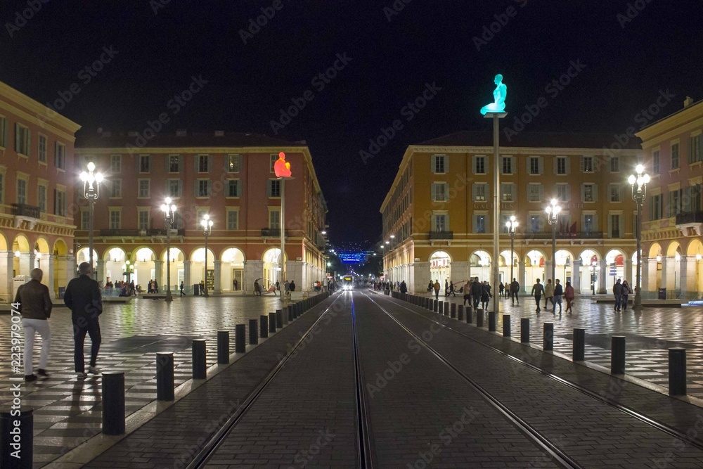 Night view of Place Massena in Nice, France