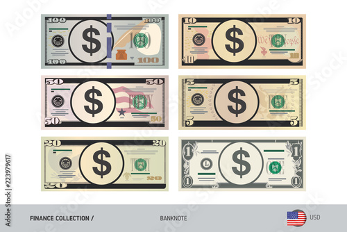 US Dollar Banknote set. Flat style highly detailed vector illustration. Isolated on white background. Suitable for print materials, web design, mobile app and infographics.