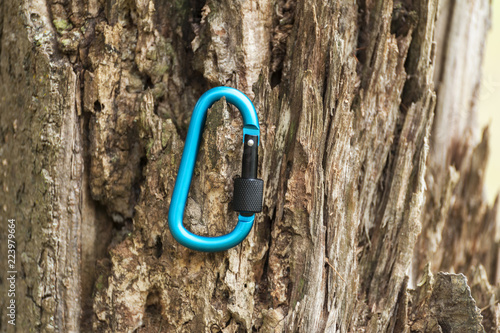 Metal carabine for mountaineering. Photo of colored carabines.