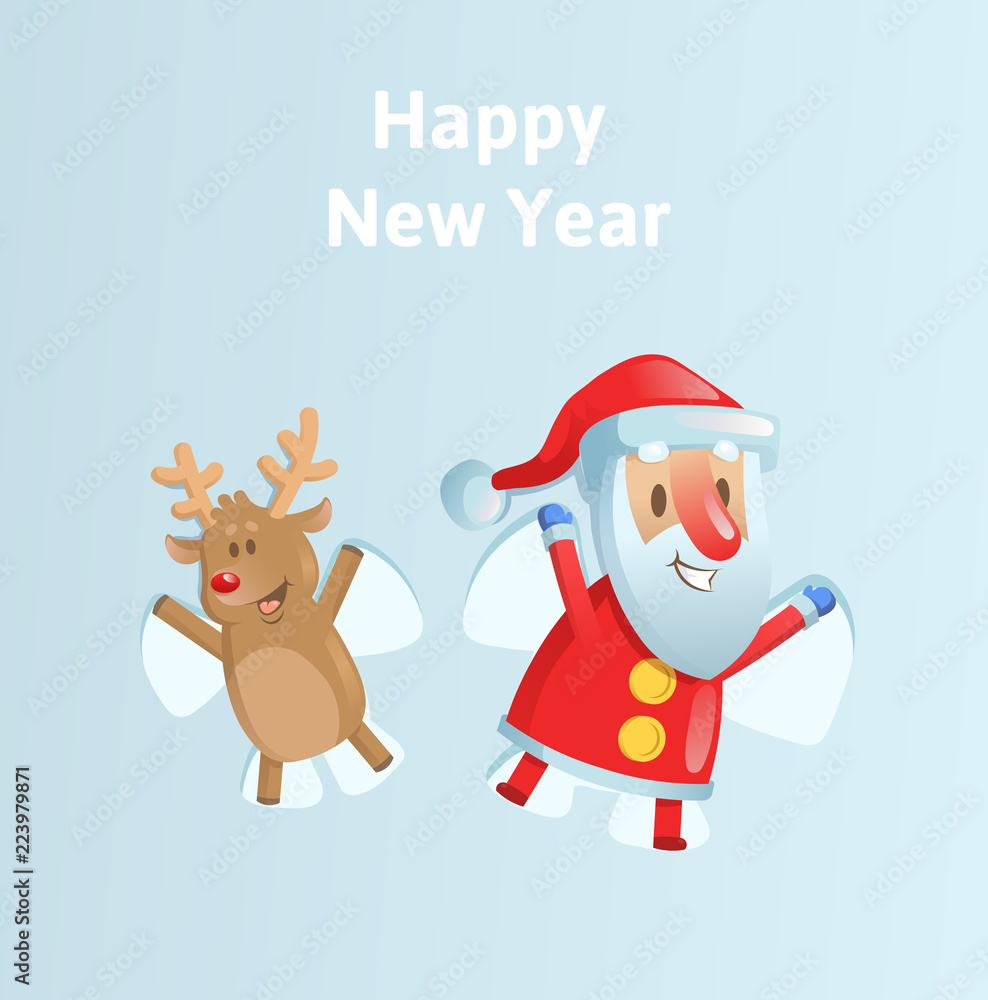 Happy Santa Claus and reindeer making a Snow Angel. Colorful flat vector illustration on blue background.