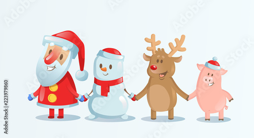 Fototapeta Naklejka Na Ścianę i Meble -  Santa Claus, Snowman, Reindeer and Piggy holding, hands in Christmas snow scene. Happy Christmas companions. Colorful flat vector illustration. Hoizontal.