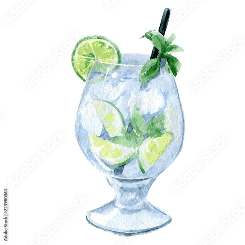 Refreshing Mojito cocktail with lime and mint in a tall glass with a straw and ice. Watercolor sketch. Isolated. Vector