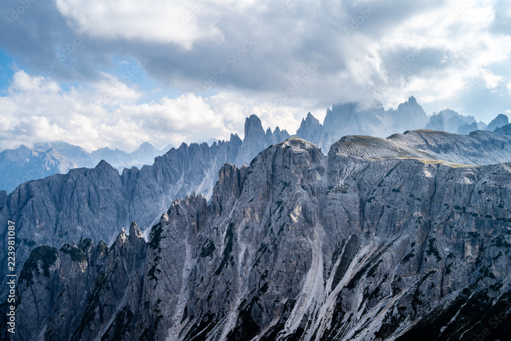 shot of some pointy mountain peaks of the dolomiti alps taken from rifugio auronzo under the celebrated drei zimmen or tre cime di lavaredo