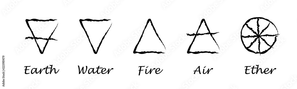Ether. Air. Earth. Fire. Water. Alchemy vector icons. Vector illustration Ether. Air. Earth. Fire. Water. Alchemy vector icons. Vector illustration