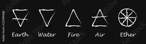 Ether. Air. Earth. Fire. Water. Alchemy vector icons. Vector illustration