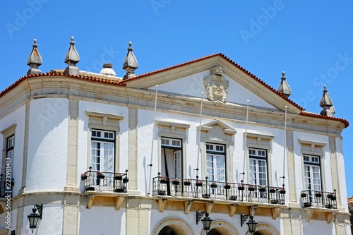 Front view of the Town Hall balconies and windows in the Praca Largo de Se in the city centre, Faro, Algarve, Portugal.