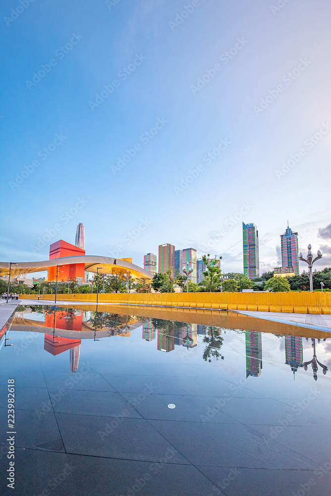 The square of the Shenzhen Civic Center and the CBD complex at dusk