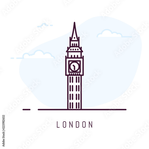 London city line style illustration. Big Ben famous tower is London. Outline building vector illustration. Sky with clouds on background.