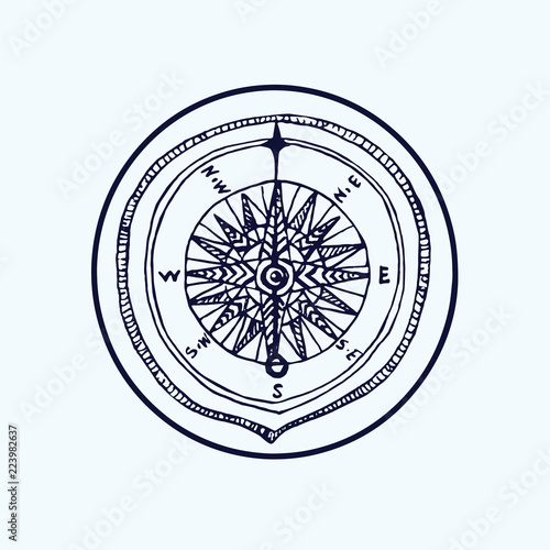 Compass, hand drawn doodle, sketch, black and white vector illustration