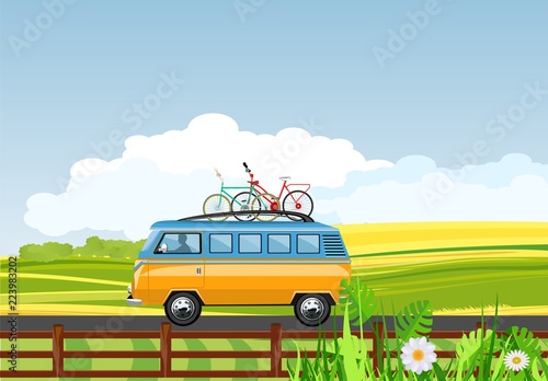 Vector minibus  driving on road, countryside, rural background, vector concept illustration