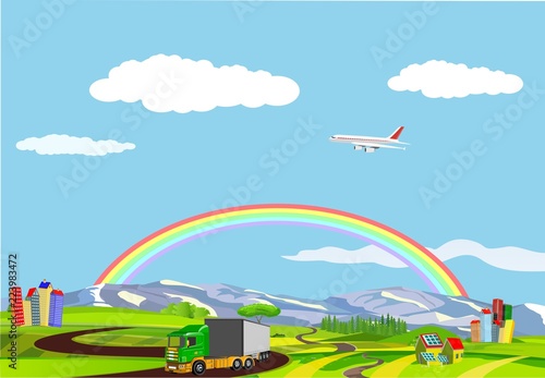 Vector 3d truck automobill driving on road, countryside, city buldings on background, rainbow, vector illustration