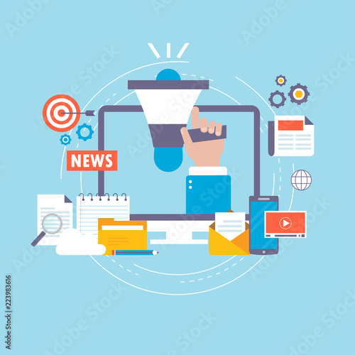 Online news, newspaper, news website flat vector illustration design. News update, digital content marketing, internet newspaper, news article, video content for web banners and apps