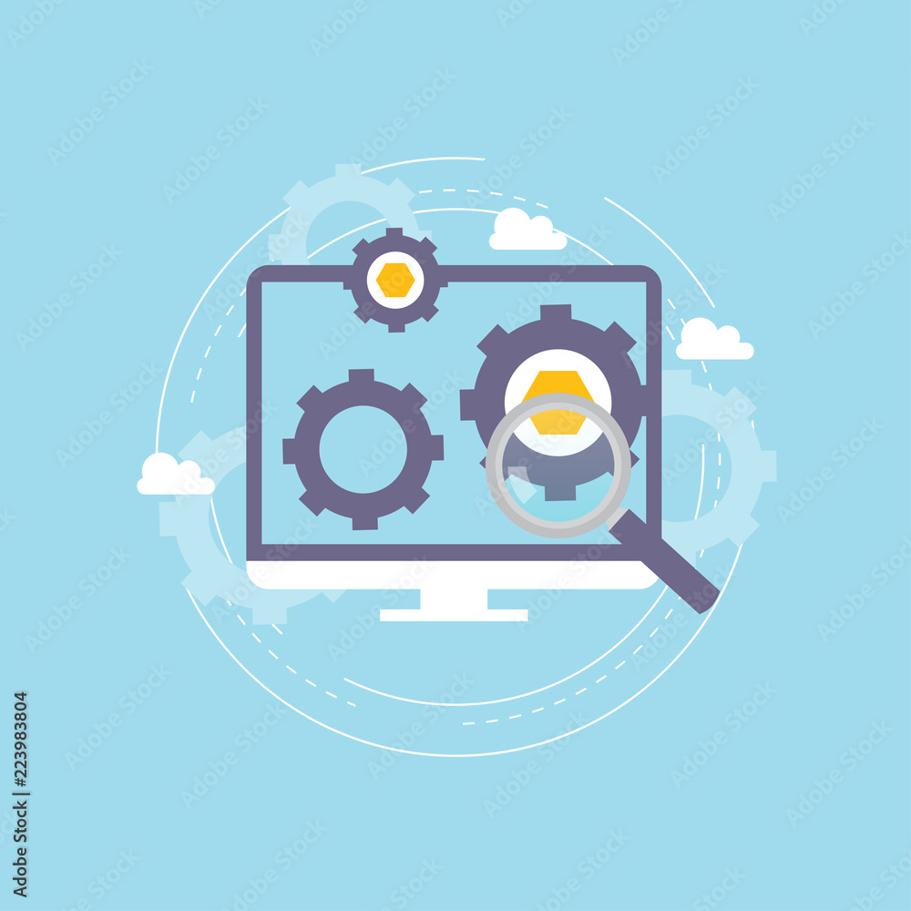 Obraz premium Search engine optimization concept, online ranking, SEO keywording process, SEO website analysis, keywords optimization flat vector illustration design. Design for web banners and apps