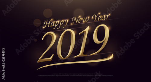 2019 Happy New Year with golden typography logo on dark gold abstract background. Premium logo for flyers or greetings card. vector illustration