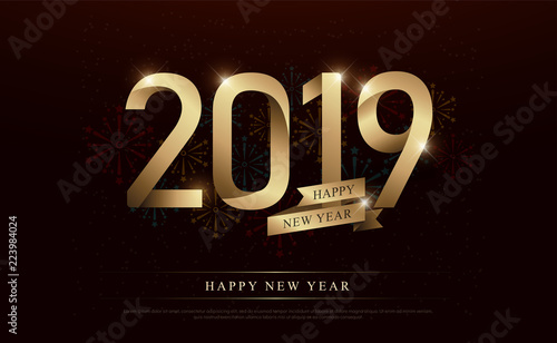 happy new year 2019 celebration gold number and golden ribbons with fireworks on dark background. vector illustration