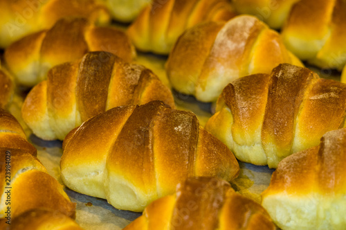 Homemade croissants with sweet filling, close up photo