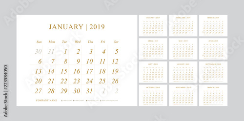 Premium Calendar Planner 2019 years Gold Color. Simple minimal wall type calendar golden template. Week starts from sunday. vector illustrator
