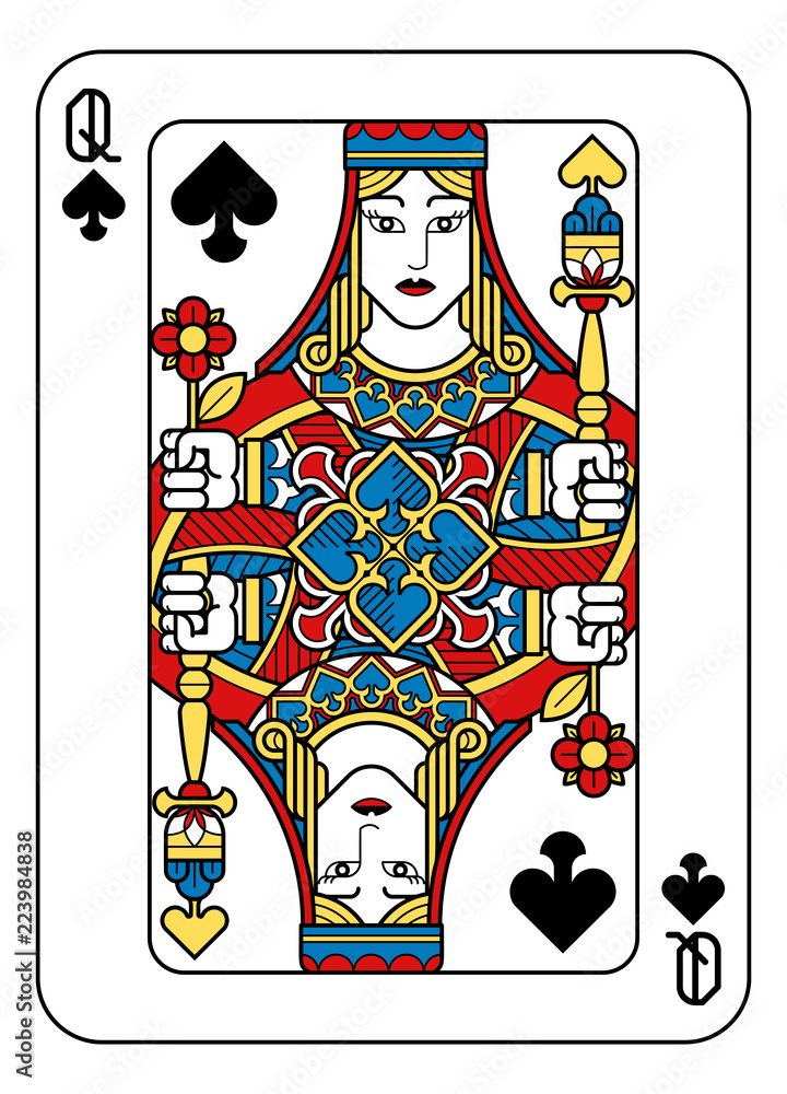 A playing card Queen of Spades in yellow, red, blue and black from a