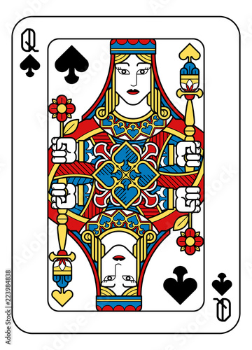 A playing card Queen of Spades in yellow, red, blue and black from a new modern original complete full deck design. Standard poker size.
