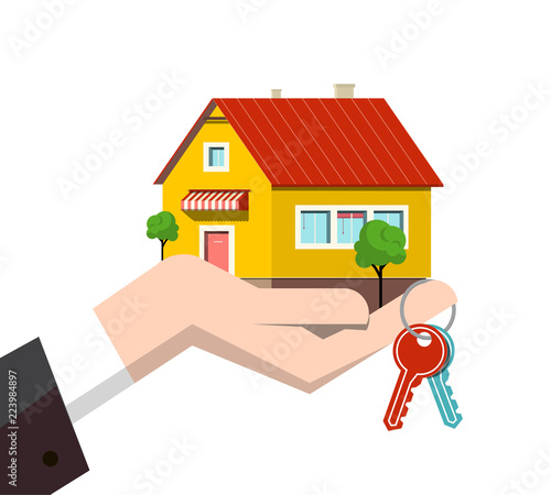 Family House Icon in Human Hand with Keys Isolated on White Background