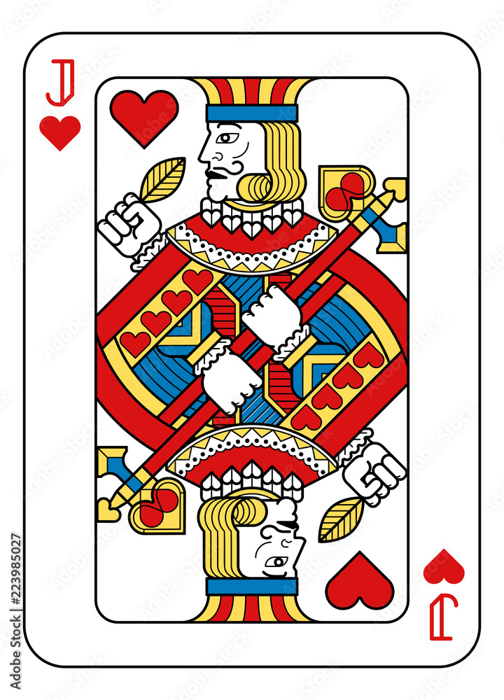A playing card Jack of hearts in yellow, red, blue and black from a new