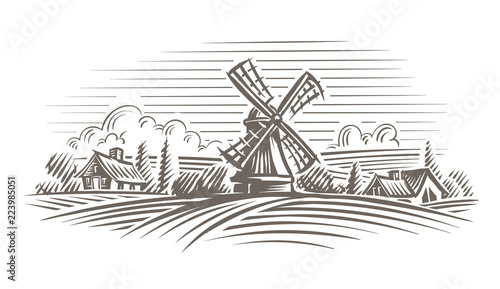 Windmill in a rural landscape illustration. Vector, layered. 
