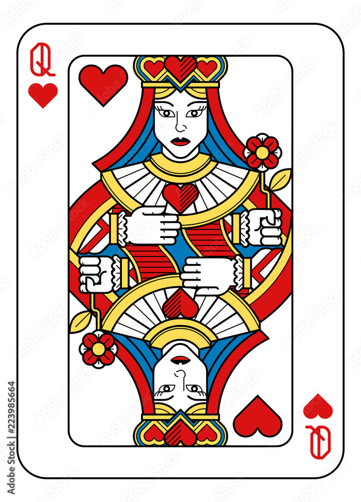 A playing card Queen of hearts in yellow, red, blue and black from a ...