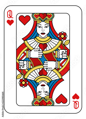 A playing card Queen of hearts in yellow  red  blue and black from a new modern original complete full deck design. Standard poker size.