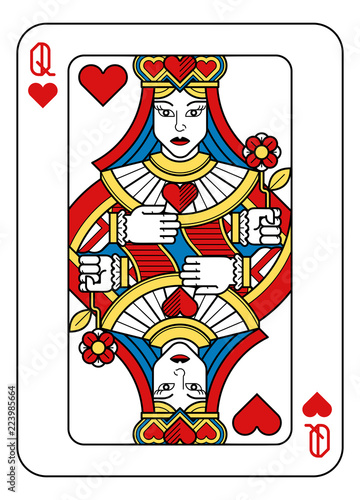 A playing card Queen of hearts in yellow, red, blue and black from a new modern original complete full deck design. Standard poker size.