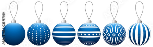 Collection of blue glass Christmas balls with pattern hanging on a thread. Vector EPS 10