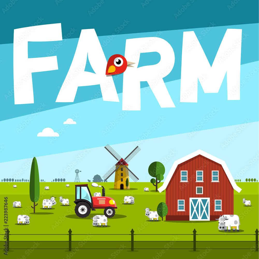 Fototapeta premium Farm Vector Illustration with Barn and Tractor