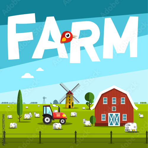 Farm Vector Illustration with Barn and Tractor