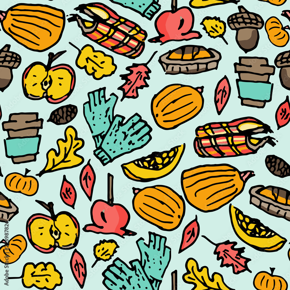 Cute doodle seamless pattern, childish style, different autumn things.Use for wallpaper, pattern fills, web page background,surface textures. Apples, pumpkins, gloves, plaid, leaves, cake.