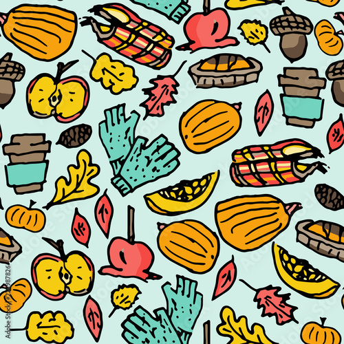 Cute doodle seamless pattern  childish style  different autumn things.Use for wallpaper  pattern fills  web page background surface textures. Apples  pumpkins  gloves  plaid  leaves  cake.