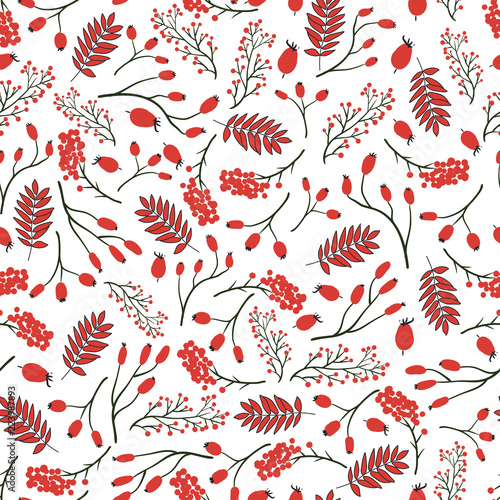 Autumn rowanberry leaves and berries. Detailed intricate hand drawing. Chaotic distribution of elements. Red on white seamless pattern. EPS10 vector illustration.
