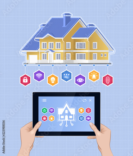 Smart Home Control via Mobile App. Holding by a woman's hands tablet PC below the project of a modern house. Illustration on the subject of 'Modern Technologies'.