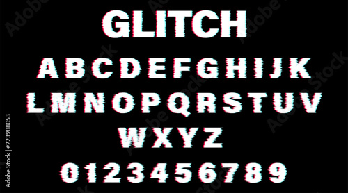 glitch font. white alphabet glitch on black background