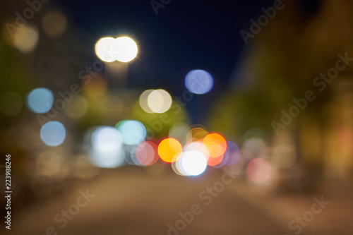  Night city lights bokeh. Colorful circles. Background. 