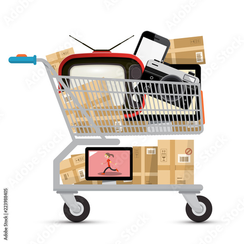 Shopping Cart with Electronic Devices and Parcels Isolated on White Background. Vector Black Friday Sale Symbol.