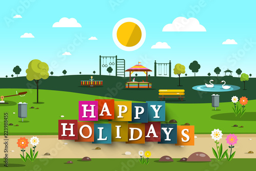 Fototapeta Naklejka Na Ścianę i Meble -  Happy Holidays Design with Empty Playground on Park on Background