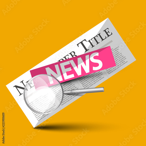 News - Newspapers Vector Symbol with Magnifying Glass on Yellow Background