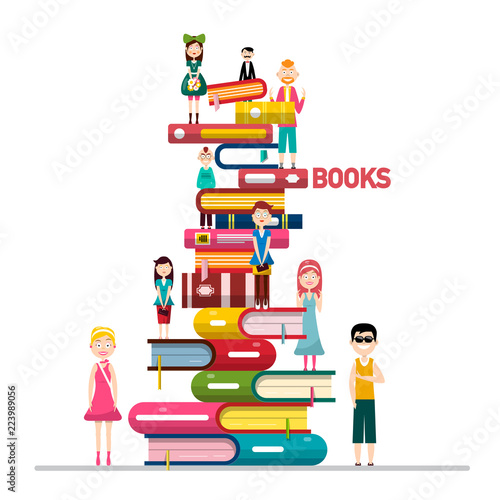 People on Books Pile Isolated on White Background Vector Illustration