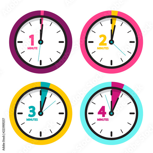 1 2 3 4 Minutes Clock. Vector Time Icons Set Isolated on White Background.