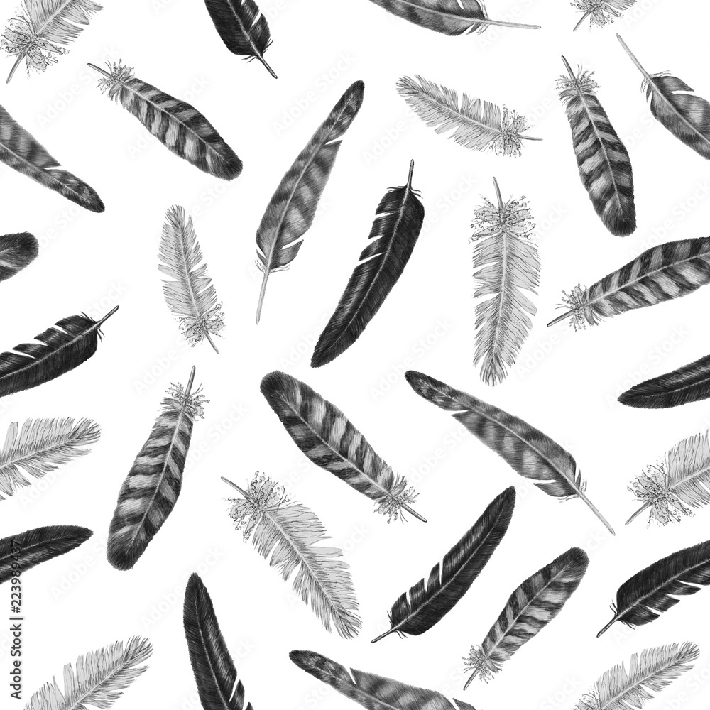 Pencil drawing seamless pattern with bird feathers Pencil drawing seamless pattern with bird feathers