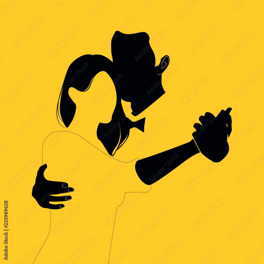 Silhouette of couple dancing on yellow background - obrazy, fototapety, plakaty 