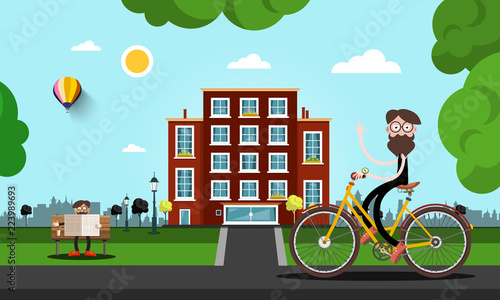 Man on Bicycle with Building on Background. Vector City Park Illustration.